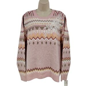 Alfred Dunner Grandmacore Sweater Women XL Pink Fair Isle Floral Cabincore Mom